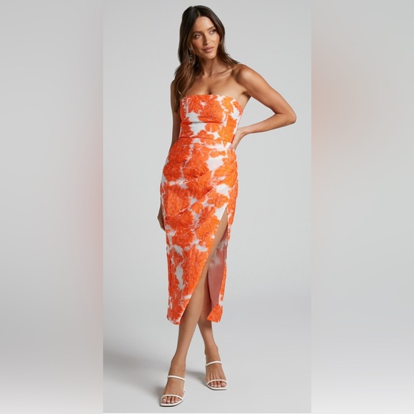Showpo. Dresses & Skirts - Showpo Brailey Midi Orange White Dress NWT Sz 2